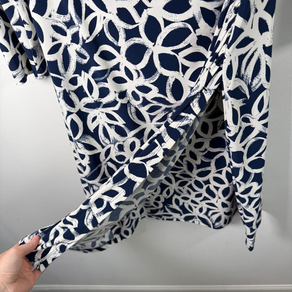 Lauren Ralph Lauren Navy Blue White Geometric Faux Wrap Midi Dress Womens 12 - Picture 5 of 9